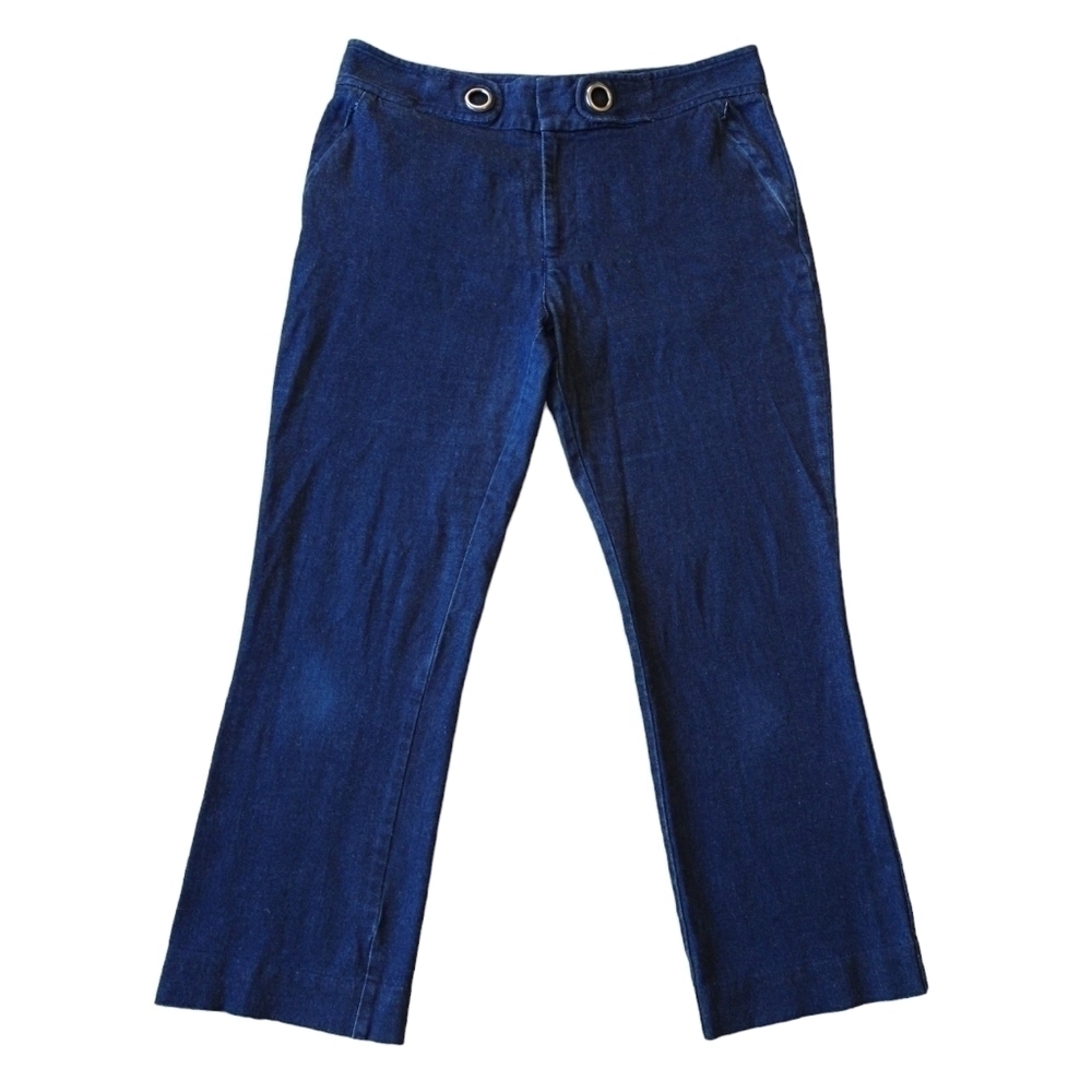 Anthropologie The Essential Crop Flare Dark Wash Mid Rise Jeans Zip Pockets